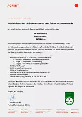 Bescheinigung über die Implementierung eines Datenschutzmanagements